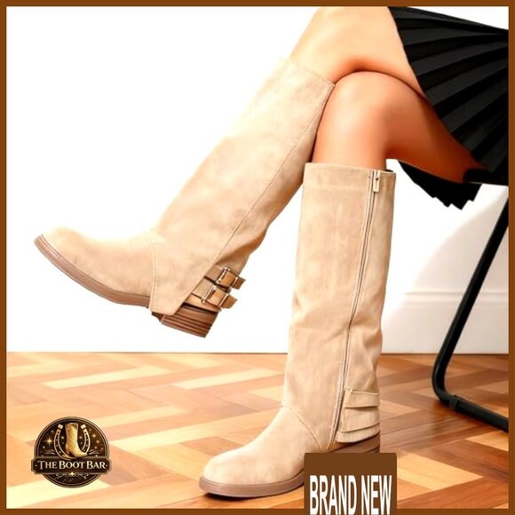 Faux Suede Fold Over Knee High Boots Classic Round Toe Block Heel Chic Vintage - Picture 2 of 7